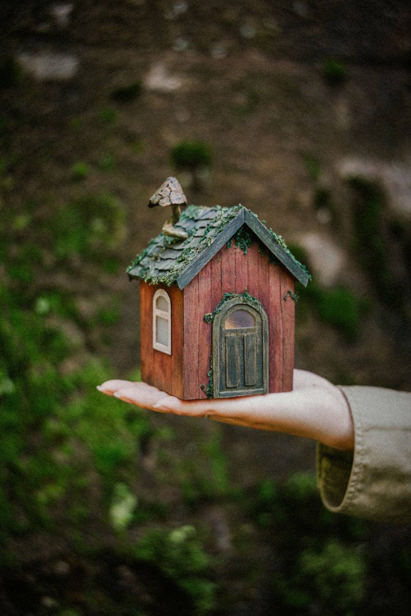 An open hand holding a small red-brown wooden cottage with an arched door, mossy shingled roof and a tiny mushroom on the ridge, showing it is no bigger than a palm