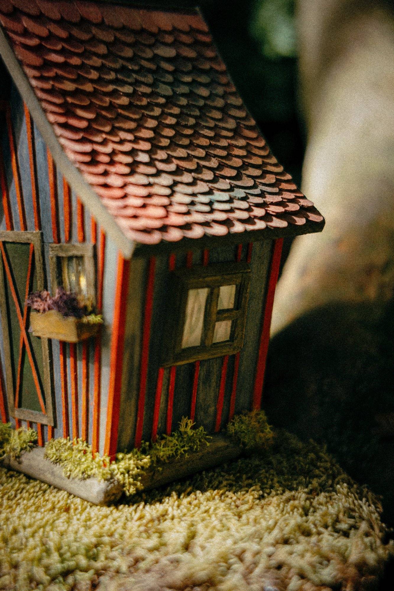The cottage from the side on moss, showing the full run of tiles and the flowers in the window box